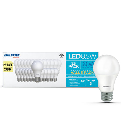 Bulbrite 774251 LED Filament Pack of 25, 8.5 Watt Non-Dimmable A19 Light Bulb with Frost Finish and Medium Screw E26 Base - 2700K (Warm White Light) 750 lumens
