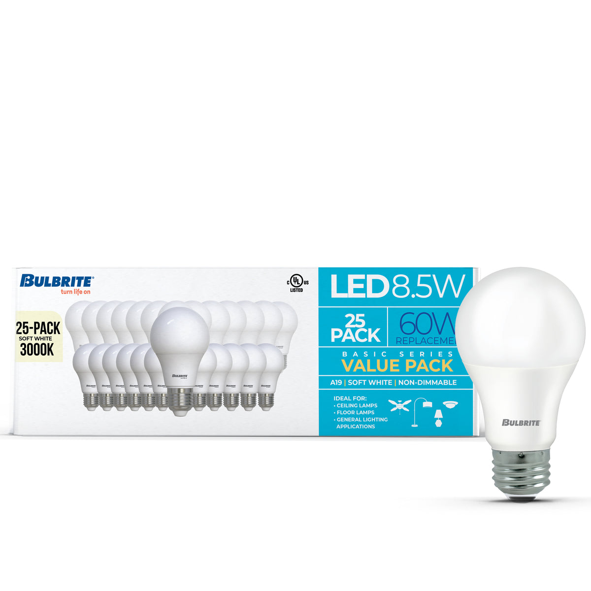 Bulbrite 774252 LED Filament Pack of 25, 8.5 Watt Non-Dimmable A19 Light Bulb with Frost Finish and Medium Screw E26 Base - 3000K (Soft White Light) 750 lumens