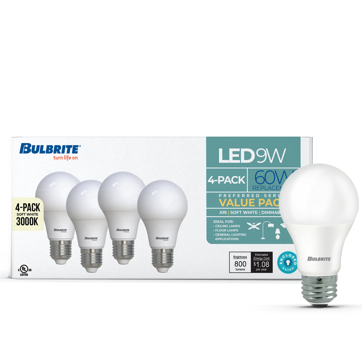Bulbrite 774254 Bulbrite LED Filament 9 Watt Dimmable A19 Light Bulb with Frost Finish and Medium Screw E26 Base - 3000K(Soft White Light), 800 Lumens