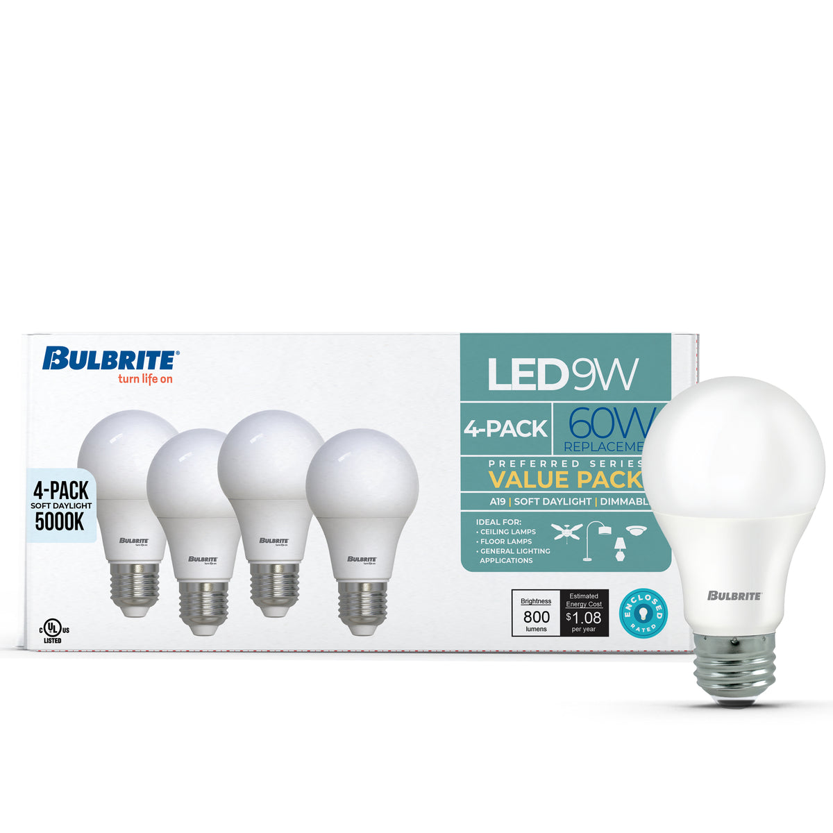 Bulbrite 774256 LED Filament 9 Watt Dimmable A19 Light Bulb with Frost Finish and Medium Screw 5000K E26 Base - 5000K (Soft Daylight Light) 800 lumens