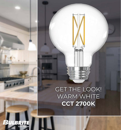 Bulbrite 776217 LED Filament 7.6 Watt Dimmable G25 Light Bulb with Clear Finish and Medium Screw 2700K E26 Base - 2700K (Warm White Light) 800 lumens