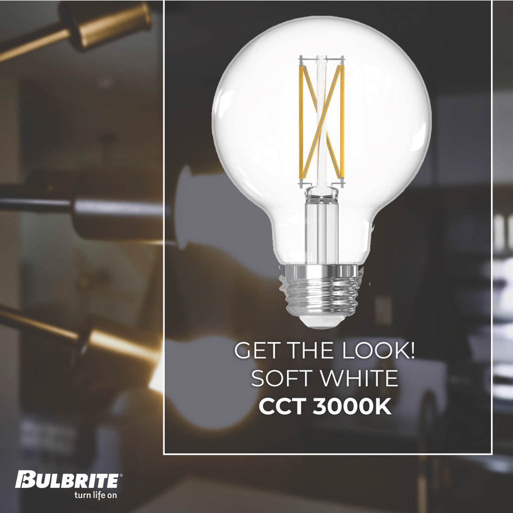 Bulbrite 776219 LED Filament 7.6 Watt Dimmable G25 Light Bulb with Clear Finish and Medium Screw 3000K E26 Base - 3000K (Soft White Light) 800 lumens