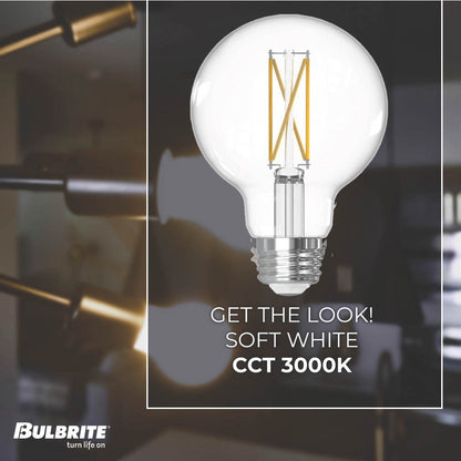 Bulbrite 776219 LED Filament 7.6 Watt Dimmable G25 Light Bulb with Clear Finish and Medium Screw 3000K E26 Base - 3000K (Soft White Light) 800 lumens