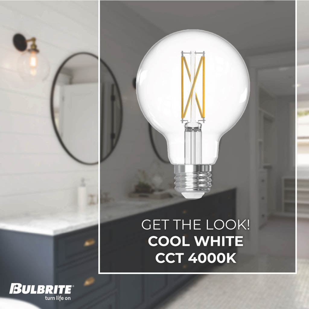 Bulbrite 776221 LED Filament 7.6 Watt Dimmable G25 Light Bulb with Clear Finish and Medium Screw 4000K E26 Base - 4000K (Cool White Light) 800 lumens