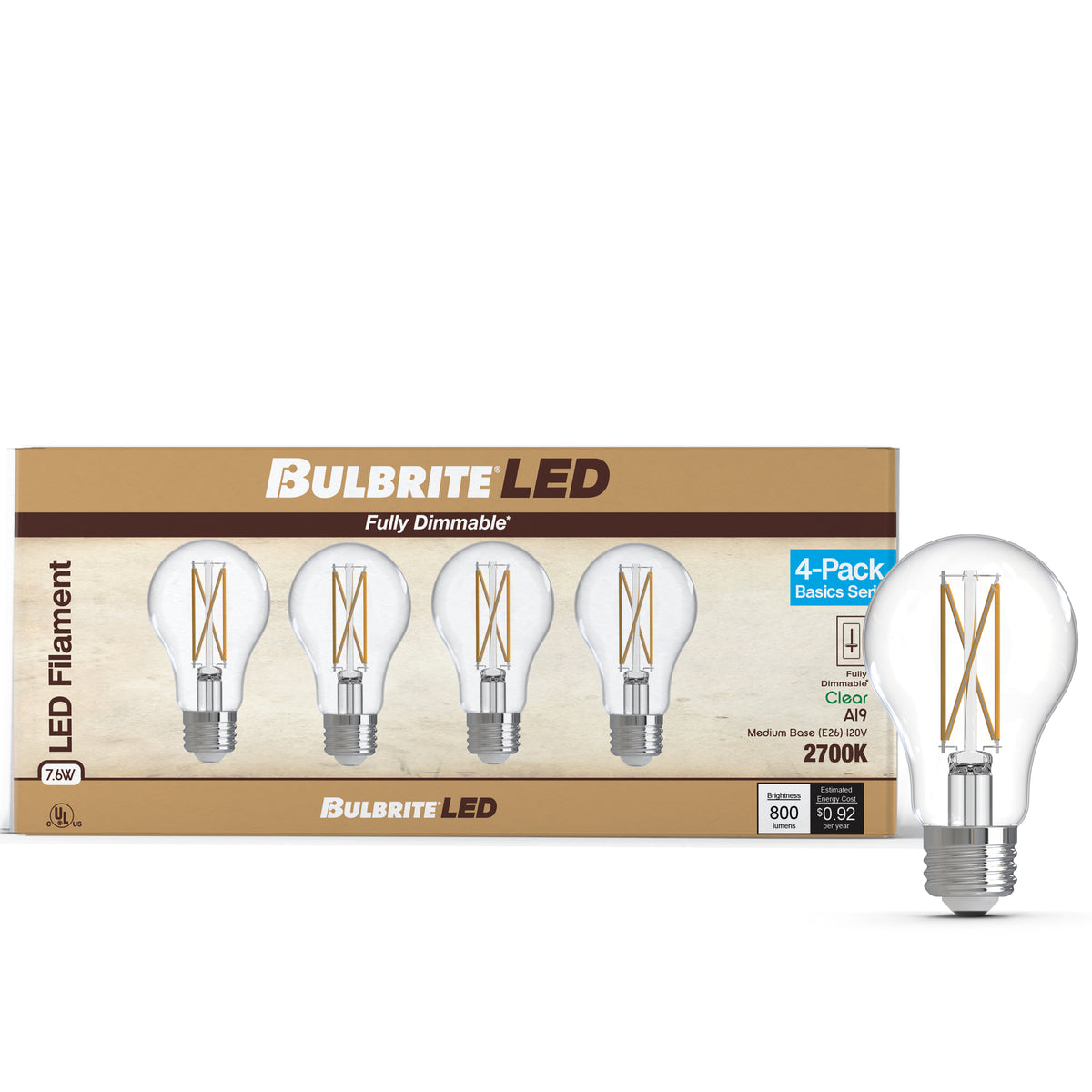 Bulbrite 776226 LED Filament Pack of 4, 7.6 Watt Dimmable A19 Light Bulb with Clear Finish and Medium Screw E26 Base - 2700K (Warm White Light) 800 lumens