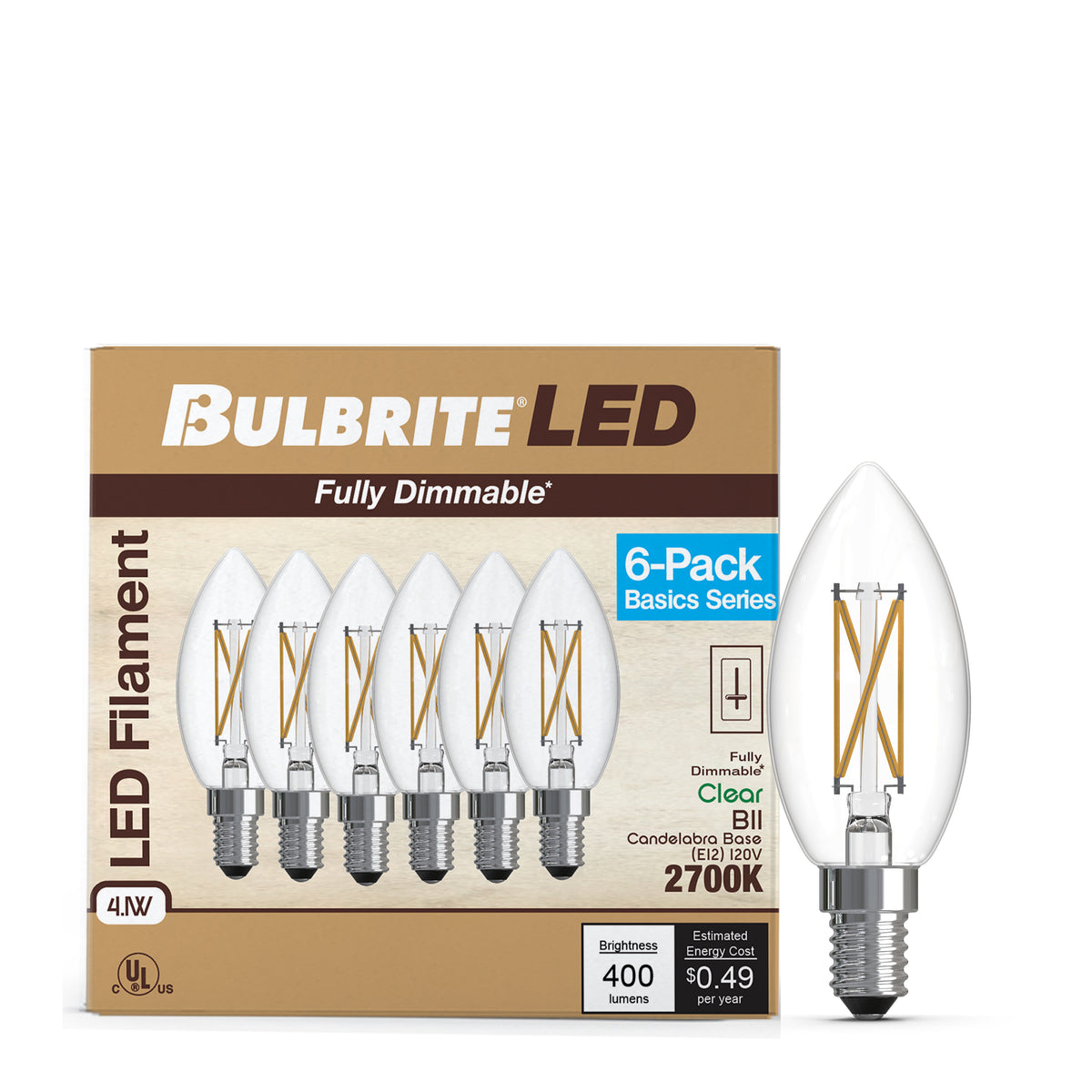 Bulbrite 776229 LED Filament Pack of 6, 4.1 Watt Dimmable B11 Light Bulb with Clear Finish and Candelabra Screw E12 Base - 2700K (Warm White Light) 400 lumens