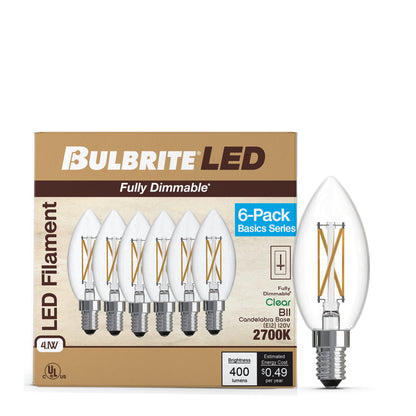 Bulbrite 776229 LED Filament Pack of 6, 4.1 Watt Dimmable B11 Light Bulb with Clear Finish and Candelabra Screw E12 Base - 2700K (Warm White Light) 400 lumens