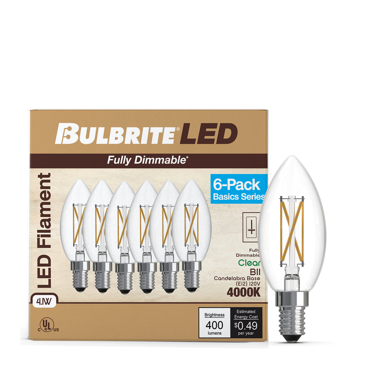 Bulbrite 776231 LED Filament Pack of 6, 4.1 Watt Dimmable B11 Light Bulb with Clear Finish and Candelabra Screw E12 Base - 4000K (Cool White Light) 400 lumens
