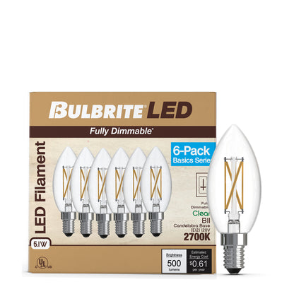 Bulbrite 776232 LED Filament Pack of 6, 5.1 Watt Dimmable B11 Light Bulb with Clear Finish and Candelabra Screw E12 Base - 2700K (Warm White Light) 500 lumens