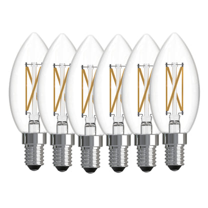 Bulbrite 776233 LED Filament Pack of 6, 5.1 Watt Dimmable B11 Light Bulb with Clear Finish and Candelabra Screw E12 Base - 3000K (Soft White Light) 500 lumens
