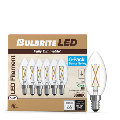 Bulbrite 776233 LED Filament Pack of 6, 5.1 Watt Dimmable B11 Light Bulb with Clear Finish and Candelabra Screw E12 Base - 3000K (Soft White Light) 500 lumens
