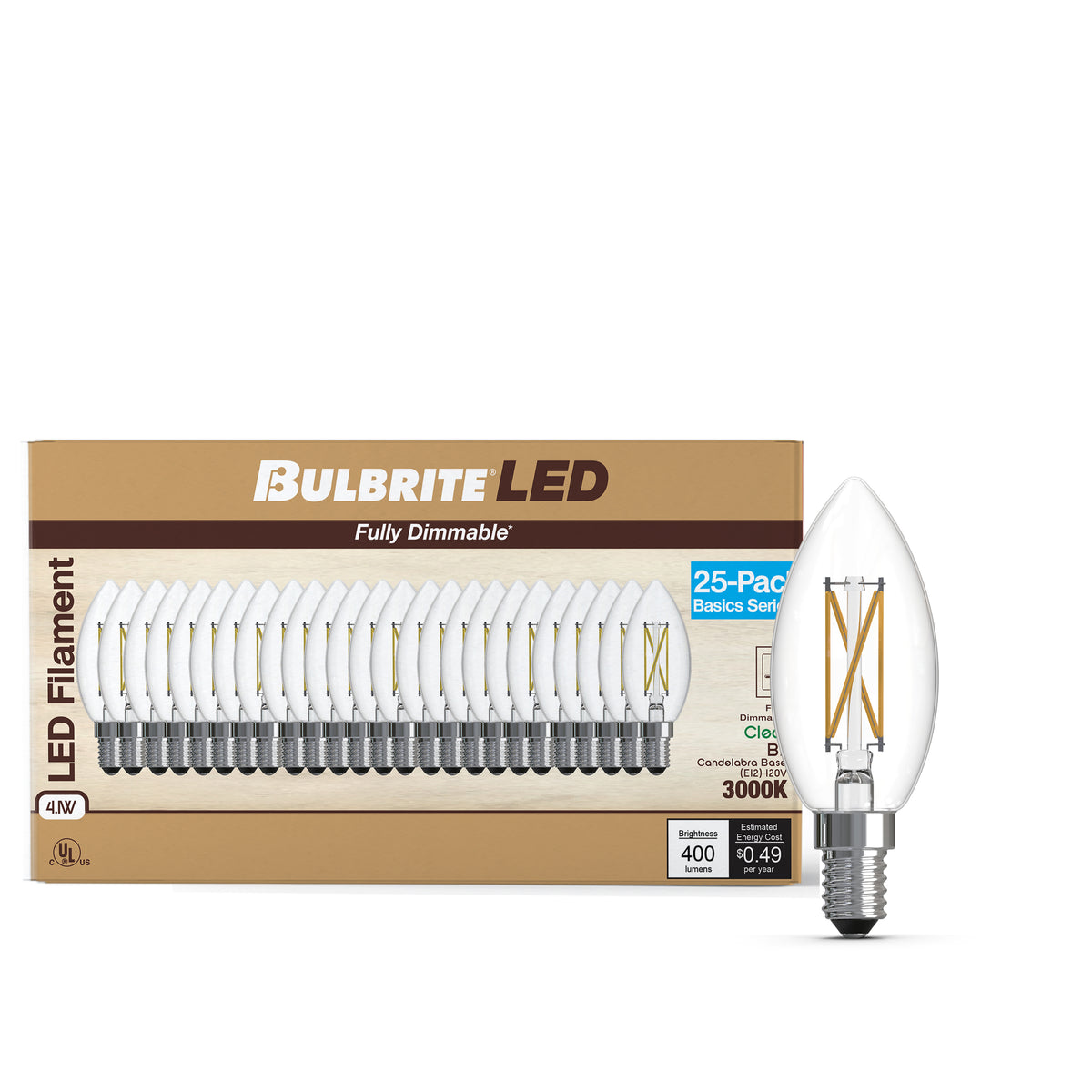 Bulbrite 776236 LED Filament Pack of 25, 4.1 Watt Dimmable B11 Light Bulb with Clear Finish and Candelabra Screw E12 Base - 3000K (Soft White Light) 400 lumens