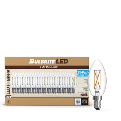 Bulbrite 776237 LED Filament Pack of 25, 5.1 Watt Dimmable B11 Light Bulb with Clear Finish and Candelabra Screw E12 Base - 2700K (Warm White Light) 500 lumens