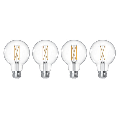 Bulbrite 776240 LED Filament Pack of 4, 7.6 Watt Dimmable G25 Light Bulb with Clear Finish and Medium Screw E26 Base - 3000K (Soft White Light) 800 lumens