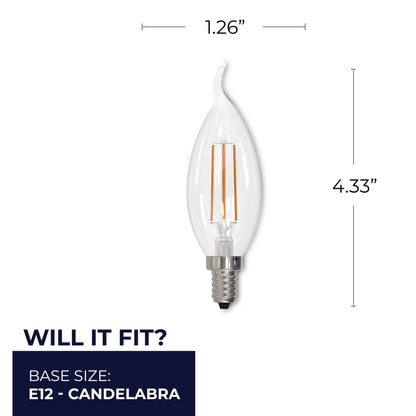 Bulbrite 776864 LED Filament 4.5 Watt CA10 Light Bulb with a Clear Finish and a Candelabra Screw E12 Base - 3000K (Soft White Light) 350 Lumens