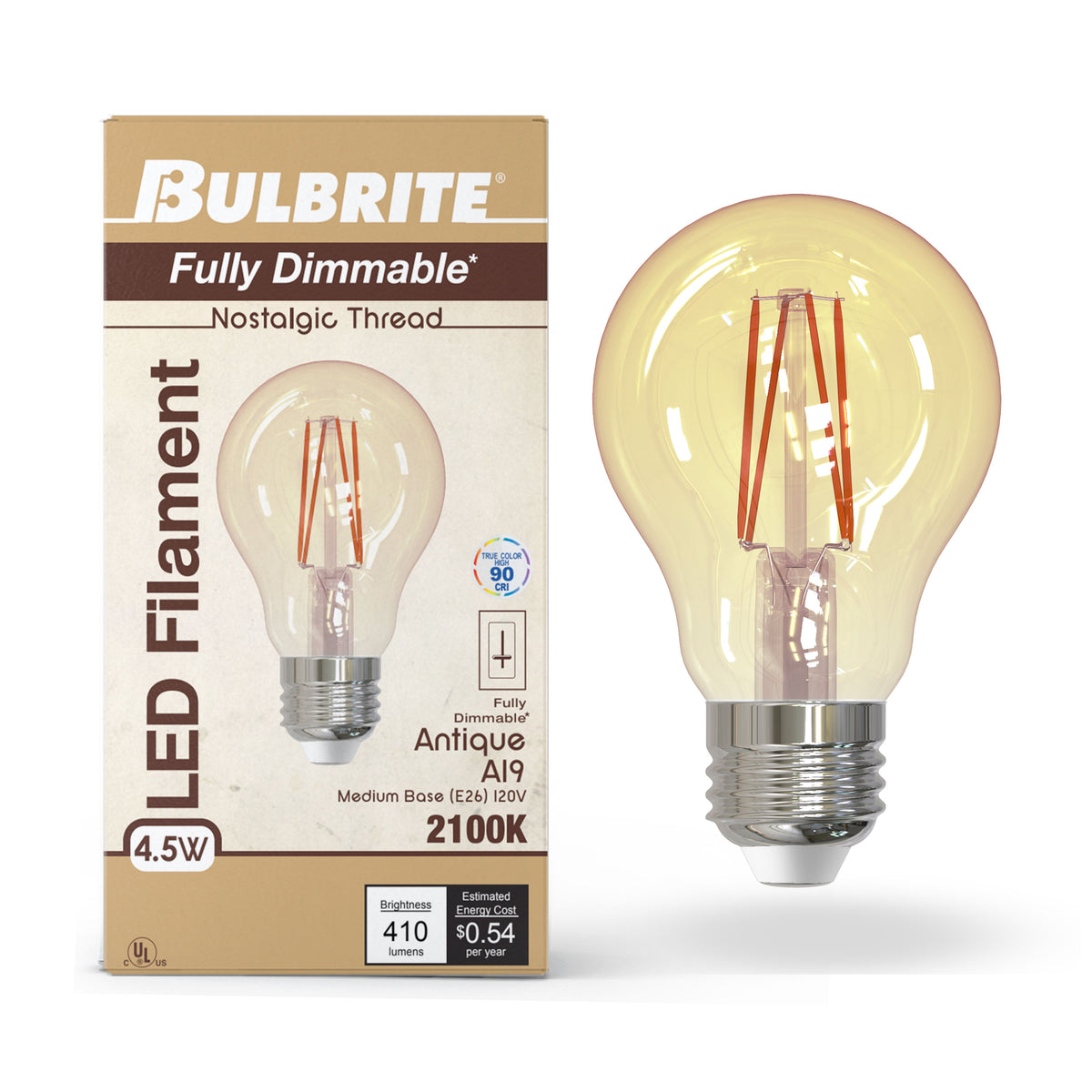 Bulbrite 776902 LED Filament 4.5 Watt A19 Light Bulb with an Antique Finish and a Medium Screw E26 Base - 2100K (Amber Light) 410 Lumens