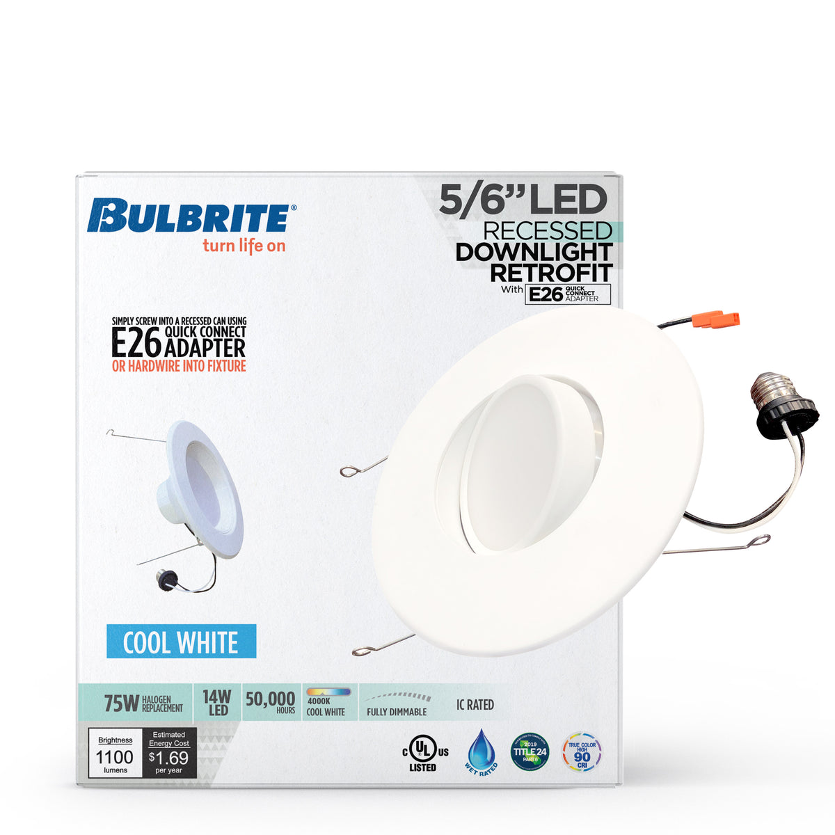 Bulbrite 773167 14 Watt 5/6" Integrated LED Recessed Downlight with E26 Quick Connect Adapter 4000K Cool White Light, 1100 Lumens