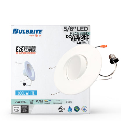 Bulbrite 773167 14 Watt 5/6" Integrated LED Recessed Downlight with E26 Quick Connect Adapter 4000K Cool White Light, 1100 Lumens