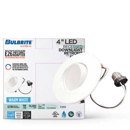 Bulbrite 773170 9 Watt 4" Integrated LED Recessed Downlight with E26 Quick Connect Adapter 2700K Warm White Light, 650 Lumens