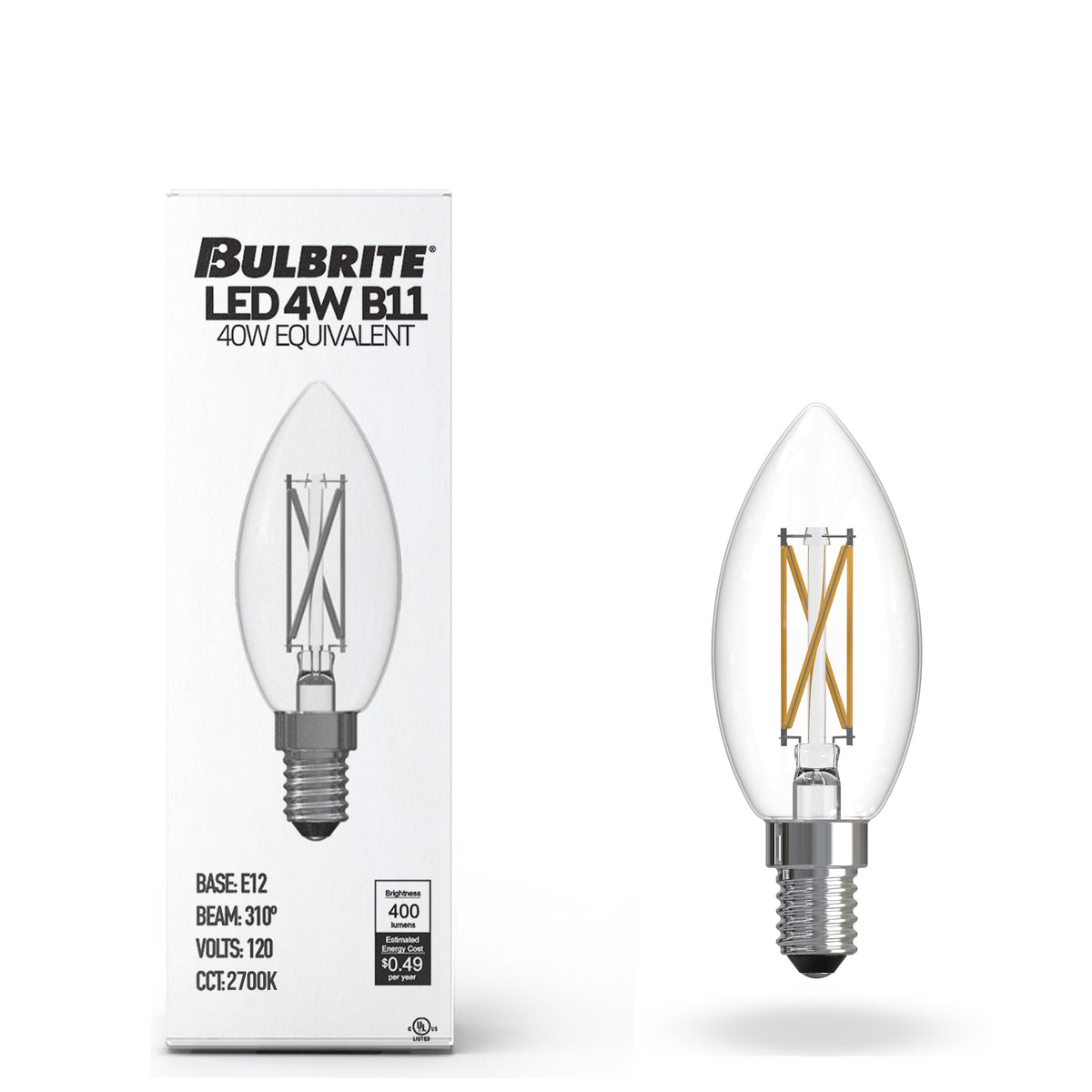 Bulbrite 776200 LED Filament 4.1 Watt Dimmable B11 Light Bulb with Clear Finish and Candelabra Screw 2700K E12 Base - 2700K (Warm White Light) 400 lumens