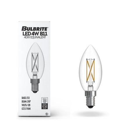 Bulbrite 776200 LED Filament 4.1 Watt Dimmable B11 Light Bulb with Clear Finish and Candelabra Screw 2700K E12 Base - 2700K (Warm White Light) 400 lumens
