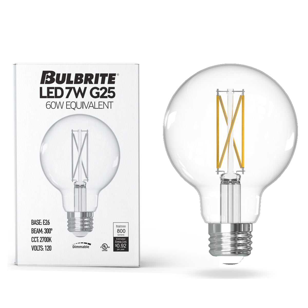 Bulbrite 776217 LED Filament 7.6 Watt Dimmable G25 Light Bulb with Clear Finish and Medium Screw 2700K E26 Base - 2700K (Warm White Light) 800 lumens