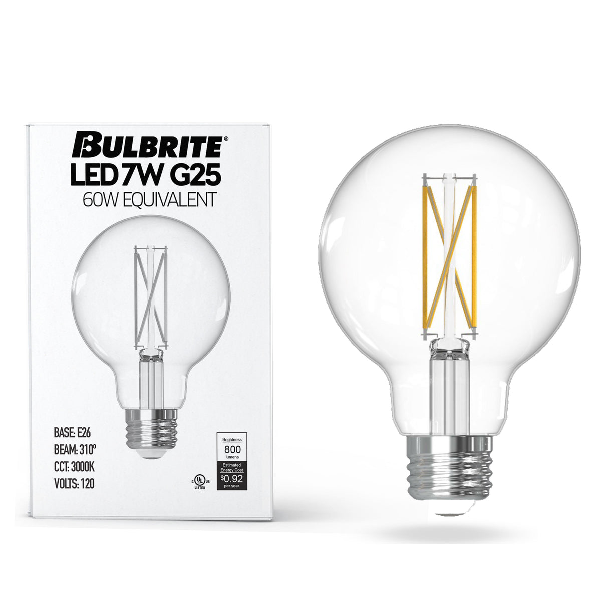 Bulbrite 776219 LED Filament 7.6 Watt Dimmable G25 Light Bulb with Clear Finish and Medium Screw 3000K E26 Base - 3000K (Soft White Light) 800 lumens