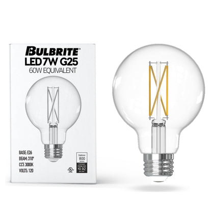 Bulbrite 776219 LED Filament 7.6 Watt Dimmable G25 Light Bulb with Clear Finish and Medium Screw 3000K E26 Base - 3000K (Soft White Light) 800 lumens