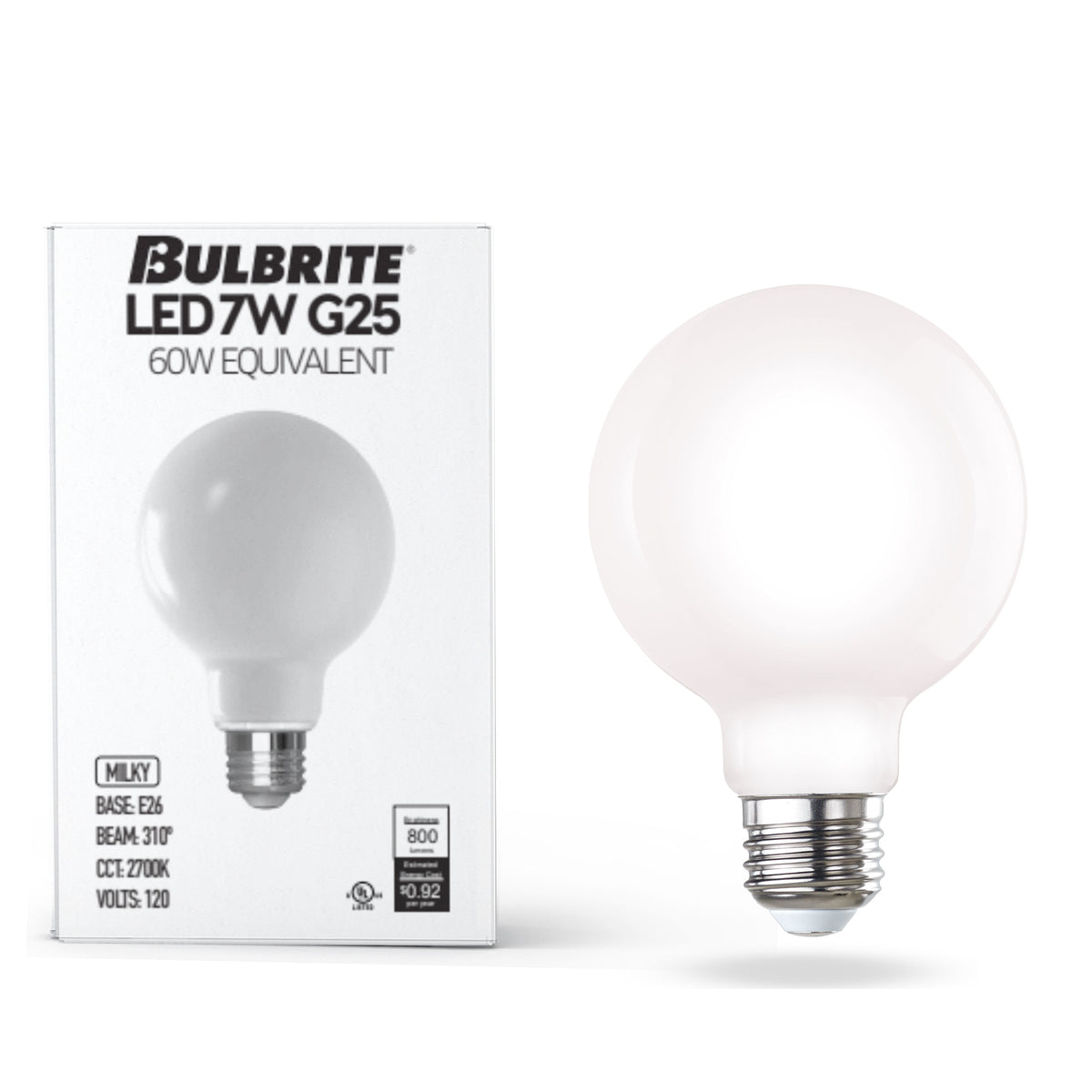 Bulbrite 776218 LED Filament 7.6 Watt Dimmable G25 Light Bulb with Milky Finish and Medium Screw 2700K E26 Base - 2700K (Warm White Light) 800 lumens