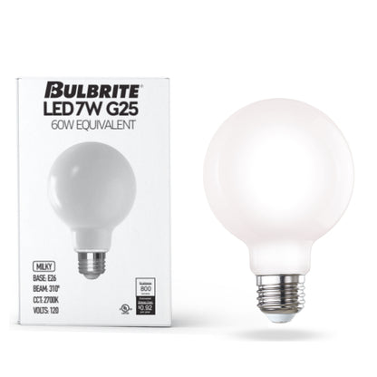 Bulbrite 776218 LED Filament 7.6 Watt Dimmable G25 Light Bulb with Milky Finish and Medium Screw 2700K E26 Base - 2700K (Warm White Light) 800 lumens