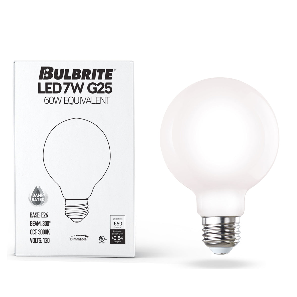 Bulbrite 776220 LED Filament 7.6 Watt Dimmable G25 Light Bulb with Milky Finish and Medium Screw 3000K E26 Base - 3000K (Soft White Light) 800 lumens
