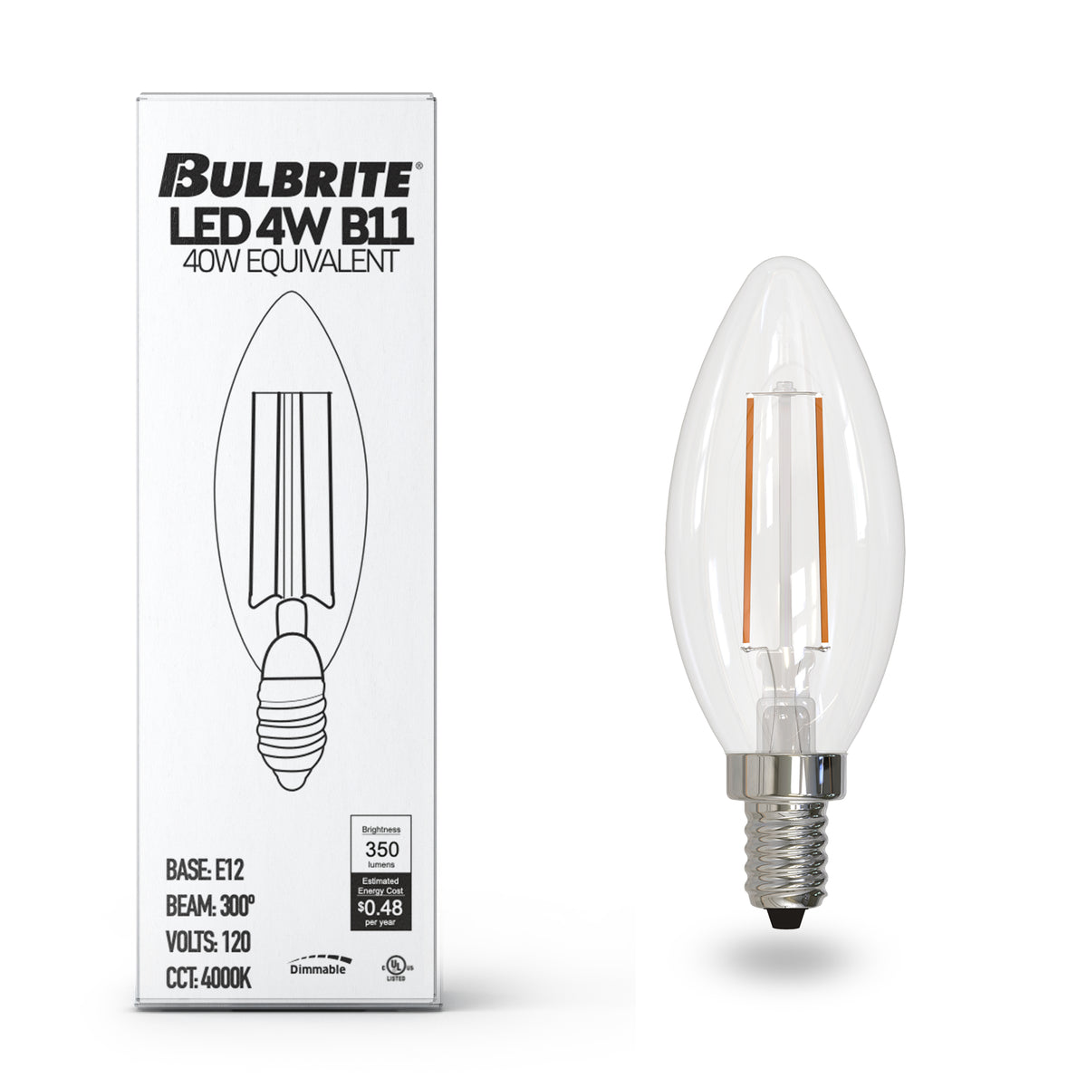 Bulbrite 776202 LED Filament 4.1 Watt Dimmable B11 Light Bulb with Clear Finish and Candelabra Screw 4000K E12 Base - 4000K (Cool White Light) 400 lumens