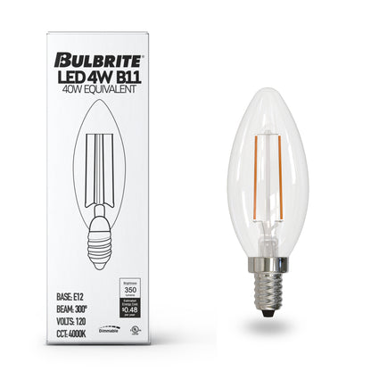 Bulbrite 776202 LED Filament 4.1 Watt Dimmable B11 Light Bulb with Clear Finish and Candelabra Screw 4000K E12 Base - 4000K (Cool White Light) 400 lumens