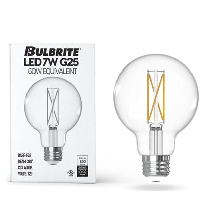 Bulbrite 776221 LED Filament 7.6 Watt Dimmable G25 Light Bulb with Clear Finish and Medium Screw 4000K E26 Base - 4000K (Cool White Light) 800 lumens