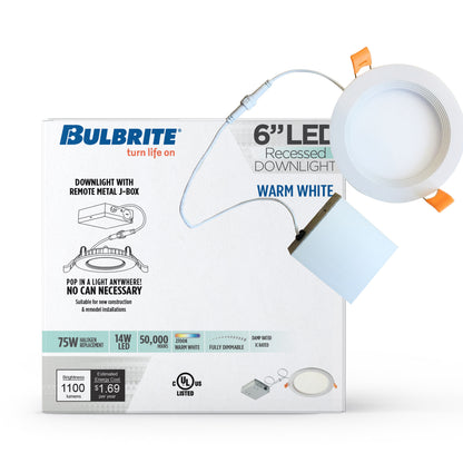 Bulbrite 773220 LED 6" Round Recessed Downlight Fixture with Metal Jbox, 75W Equivalent, 2700K Warm White Light, White Finish