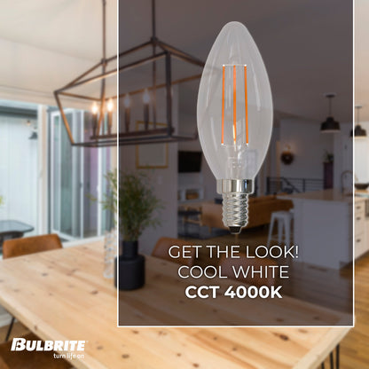 Bulbrite 776202 LED Filament 4.1 Watt Dimmable B11 Light Bulb with Clear Finish and Candelabra Screw 4000K E12 Base - 4000K (Cool White Light) 400 lumens