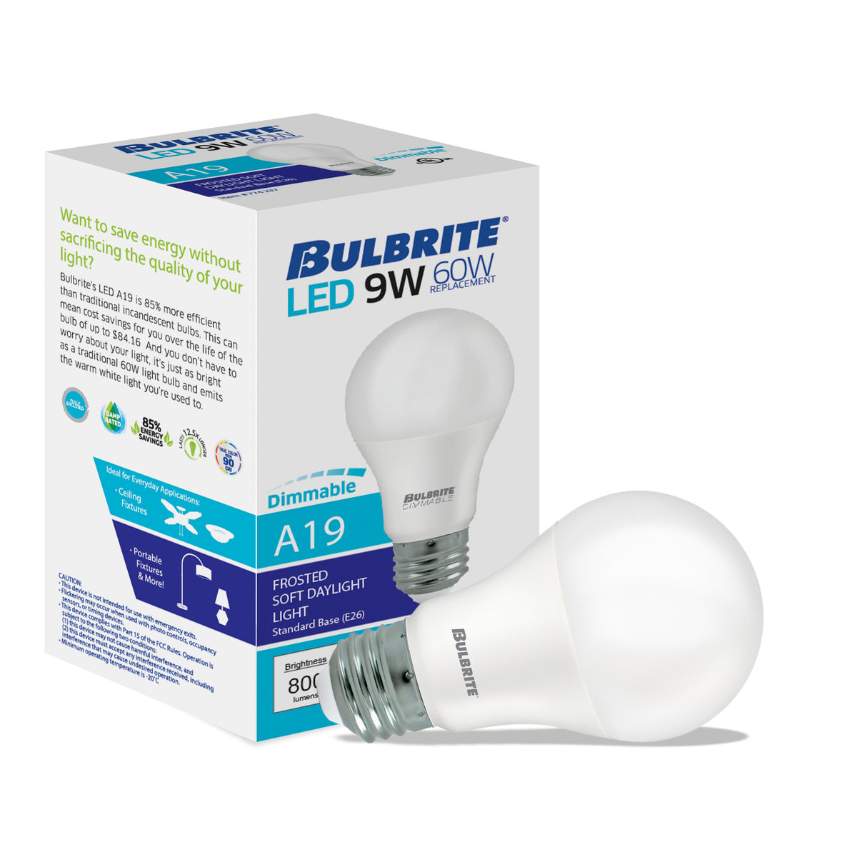 Bulbrite 774264 Bulbrite LED Filament 9 Watt Dimmable A19 Light Bulb with Frost Finish and Medium Screw E26 Base - 4000K(Cool White Light), 800 Lumens
