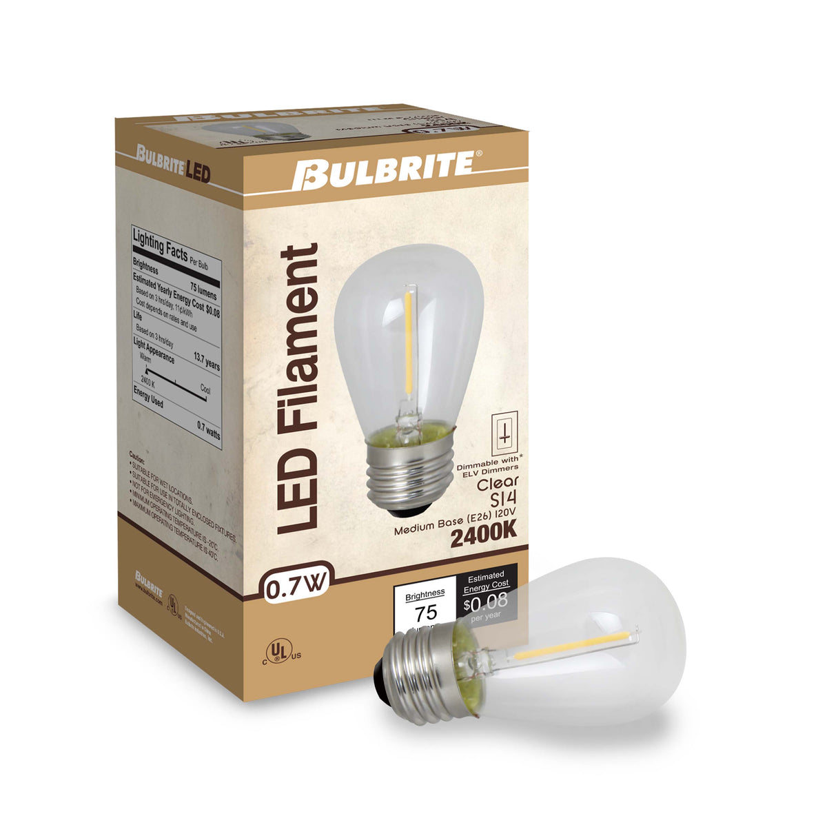 Bulbrite 776684 LED Filament 0.7 Watt S14 Light Bulb with a Clear Finish and a Medium Screw E26 Base - 2400K (Sunset Light) 75 Lumens