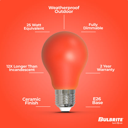 Bulbrite 776105 25-Watt Equivalent Ceramic Red Color A19 Weatherproof Outdoor E26 Medium Base Flood LED Light Bulb