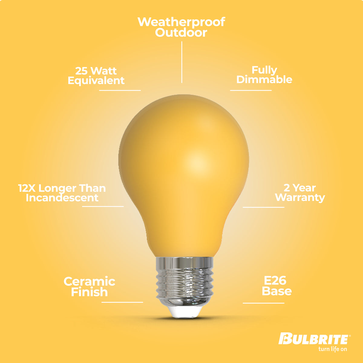 Bulbrite 776107 25-Watt Equivalent Ceramic Yellow Color A19 Weatherproof Outdoor E26 Medium Base LED Light Bulb