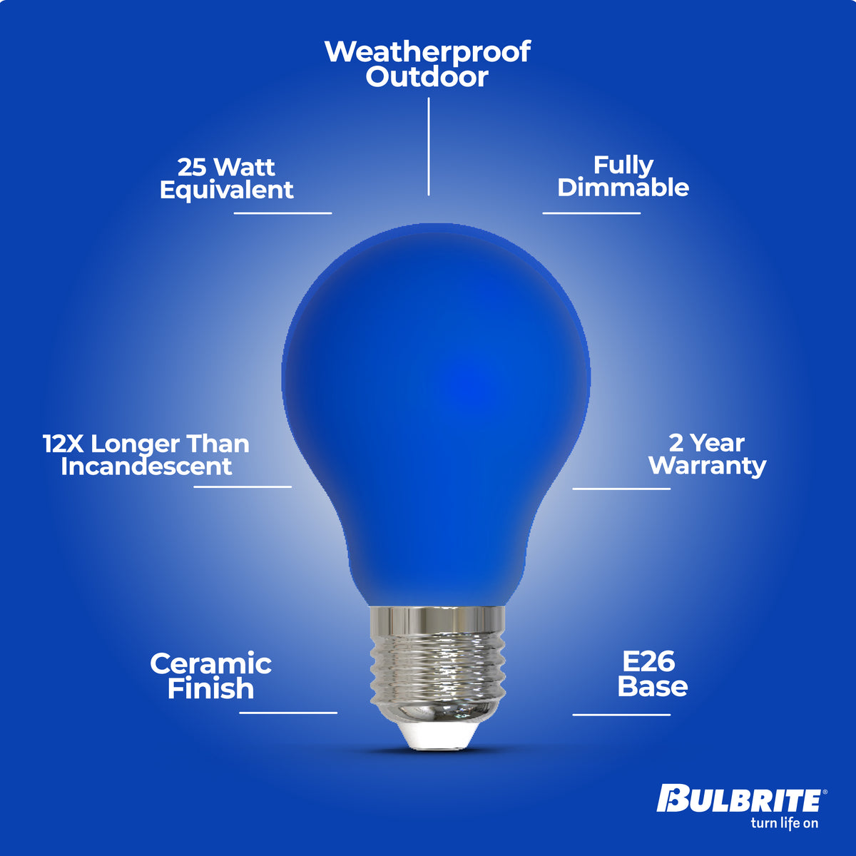 Bulbrite 776109 25-Watt Equivalent Ceramic Blue Color A19 Weatherproof Outdoor E26 Medium Base LED Light Bulb