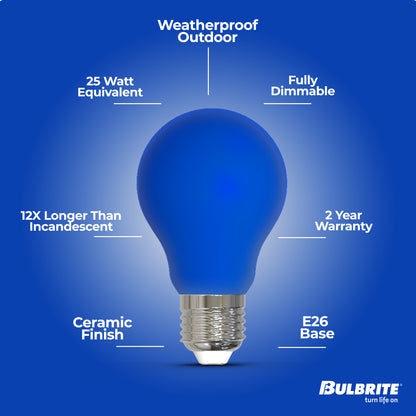 Bulbrite 776109 25-Watt Equivalent Ceramic Blue Color A19 Weatherproof Outdoor E26 Medium Base LED Light Bulb