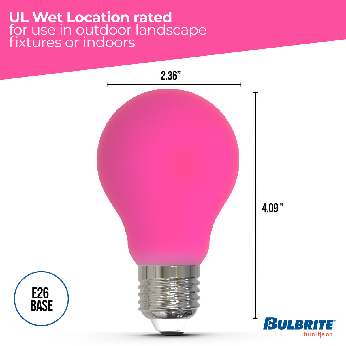 Bulbrite 776110 25-Watt Equivalent Ceramic Pink Color A19 Weatherproof Outdoor E26 Medium Base LED Light Bulb