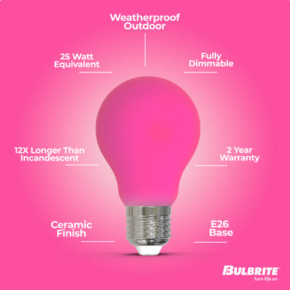 Bulbrite 776110 25-Watt Equivalent Ceramic Pink Color A19 Weatherproof Outdoor E26 Medium Base LED Light Bulb
