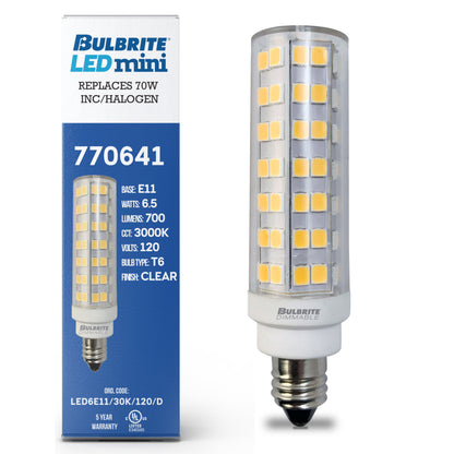 Bulbrite 770641 LED Filament 6.5 Watt T6 Light Bulb with a Clear Finish and a Mini-Candelabra Screw E11 Base - 3000K (Soft White Light) 700 Lumens