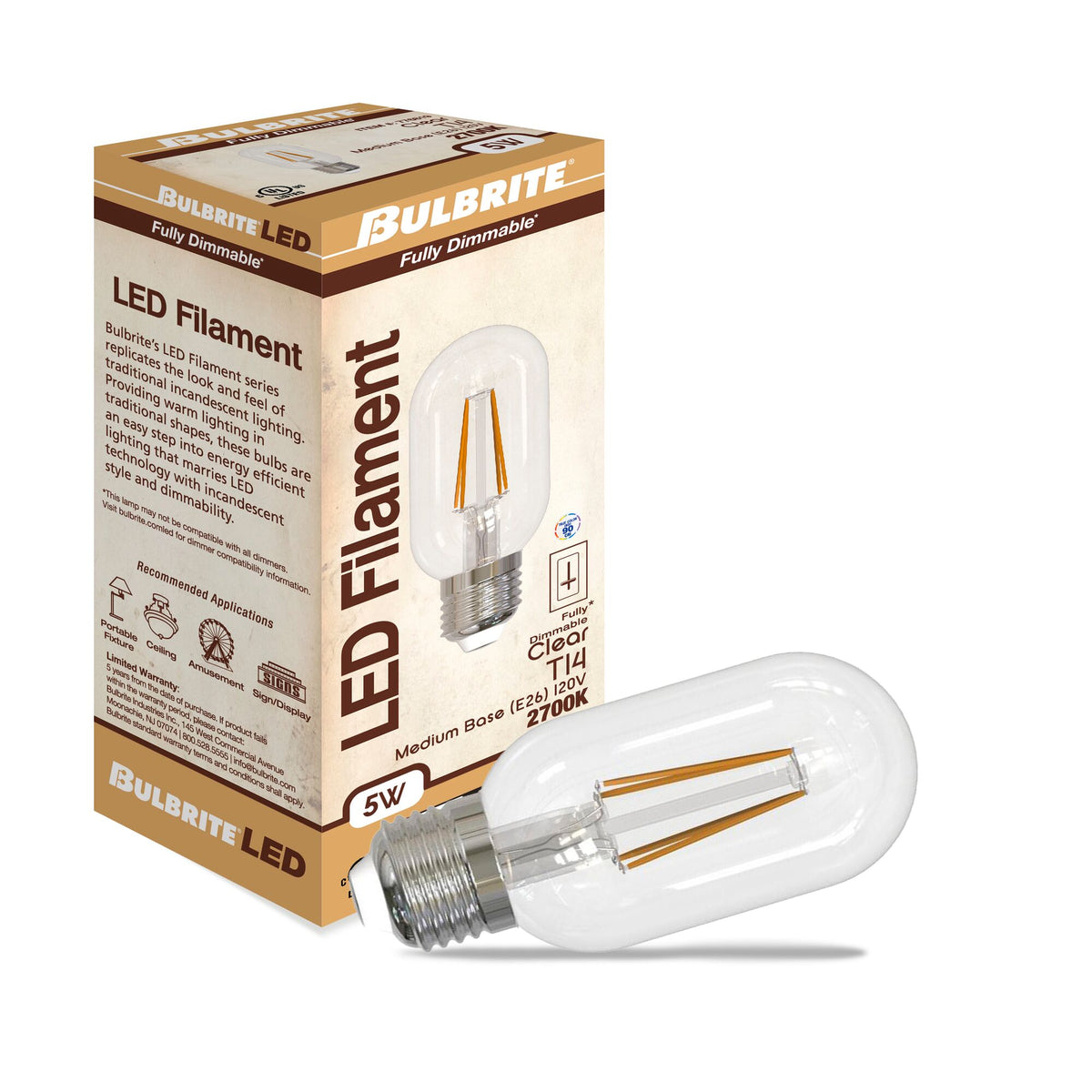 Bulbrite 776819 LED Filament 5 Watt T14 Light Bulb with a Clear Finish and a Medium Screw E26 Base - 2700K (Warm White Light) 450 Lumens
