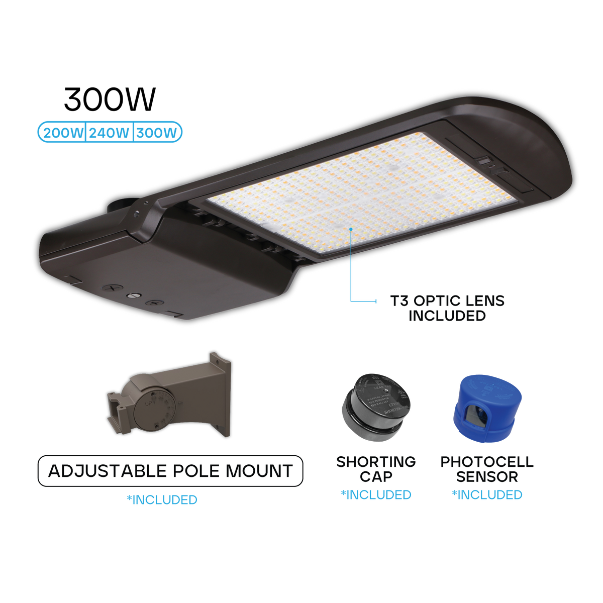 Luxrite LR41132 300W Adjustable Shoebox Light - Optic LENS/3CCT/3WATTAGE Selectable