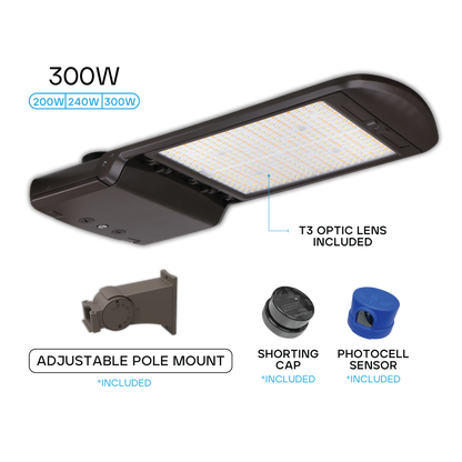 Luxrite LR41132 300W Adjustable Shoebox Light - Optic LENS/3CCT/3WATTAGE Selectable