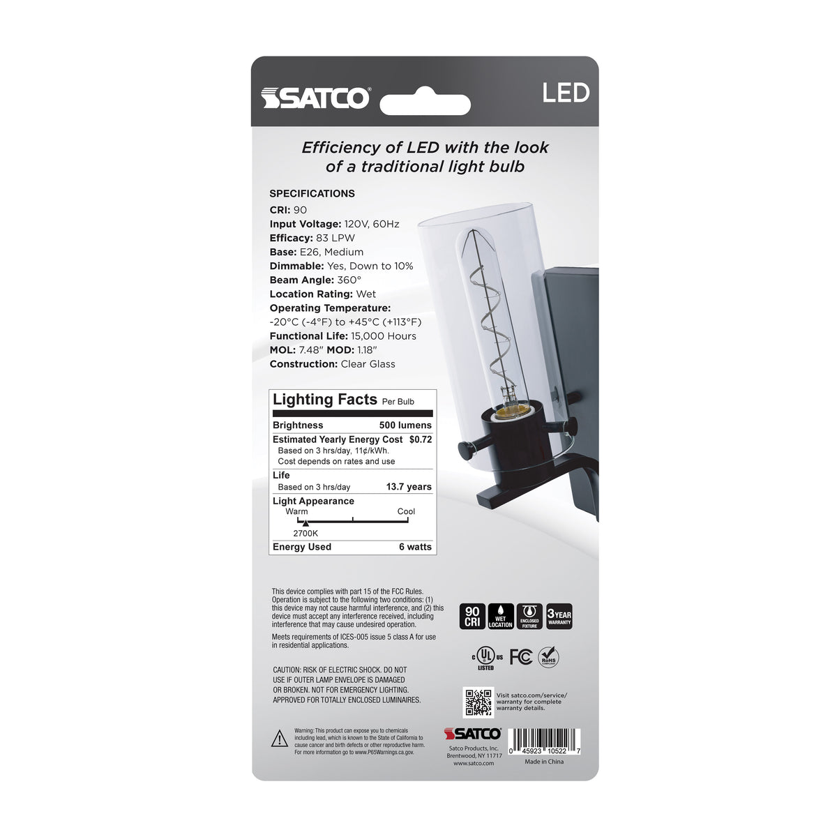 Satco S10522 6W T9 Warm White LED Light Bulb Medium Base