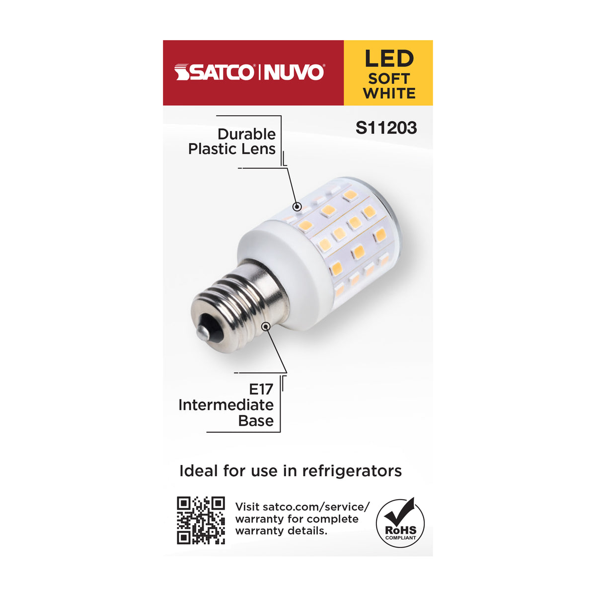 Satco S11203 3.5W T14 Soft White LED Light Bulb Intermediate Base